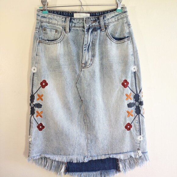 One Teaspoon Floral Embroidered Long Trucker Denim Skirt Retro Boho  US Size 26 - Picture 2 of 15